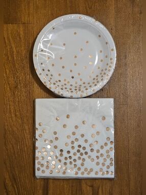 White Party Plates & Napkins with Rose Gold Polka Dots For Any Occasion